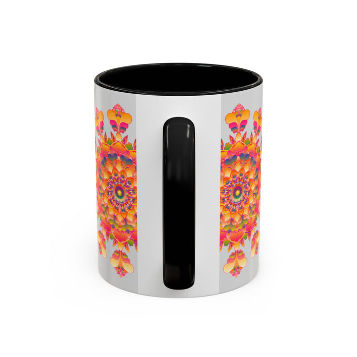 Mug with Colorful Mandala Art and Intricate Floral Design in Red, Yellow, and Blue