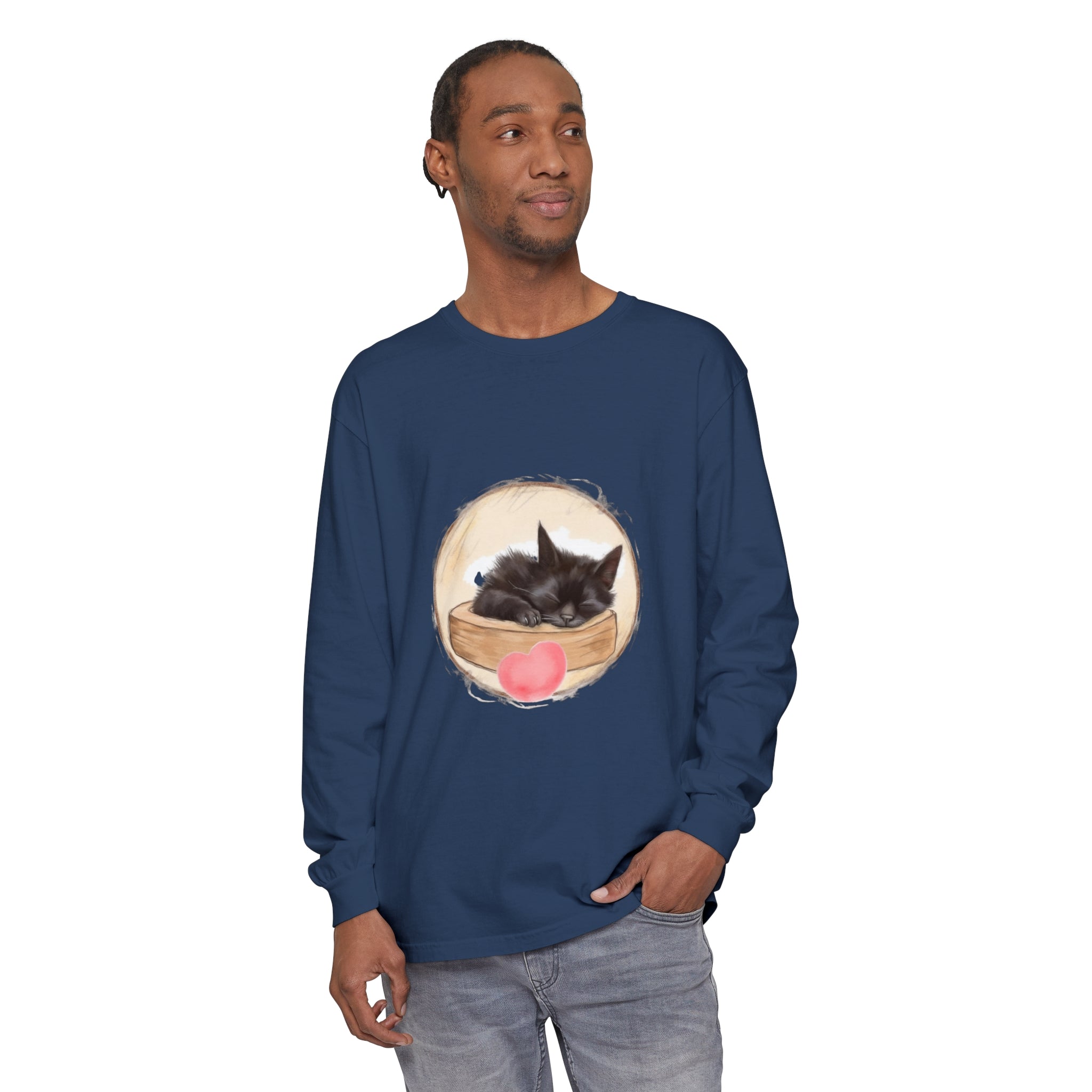 A cozy unisex t-shirt featuring an adorable sleeping kitten design perfect for bedtime