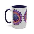 Beautiful mandala design in various shades of blue and purple on a grey ceramic mug
