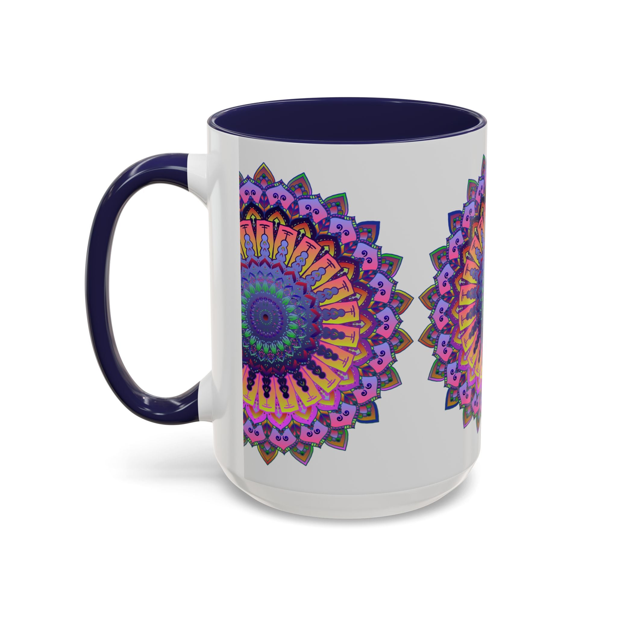 Beautiful mandala design in various shades of blue and purple on a grey ceramic mug