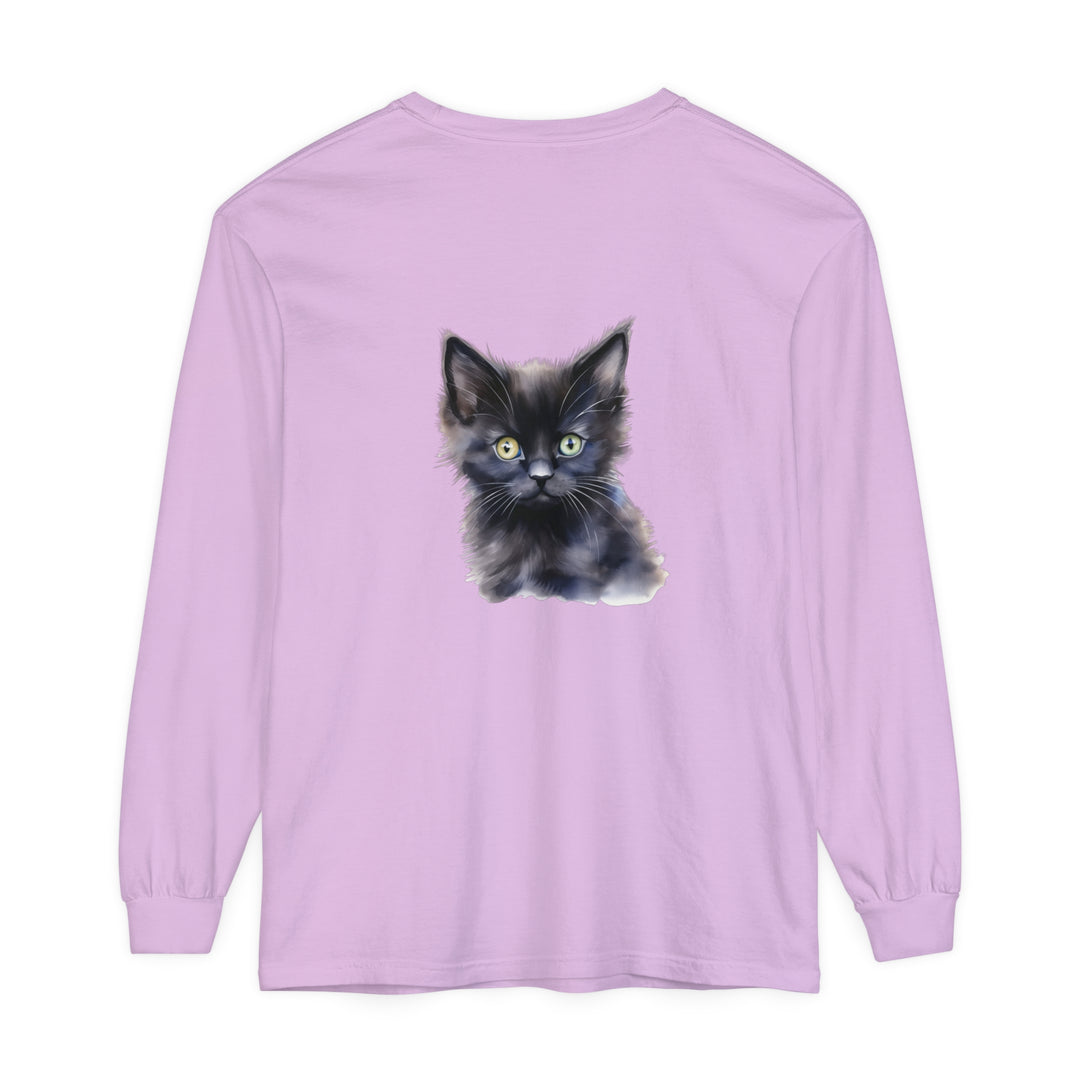 Black unisex long sleeve t-shirt featuring a mystical kitten design