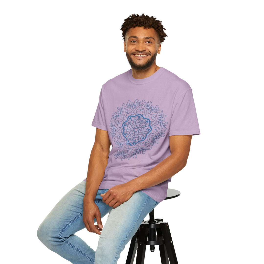 Colorful, intricate handmade mandala art T-shirt on unisex garment-dyed tee