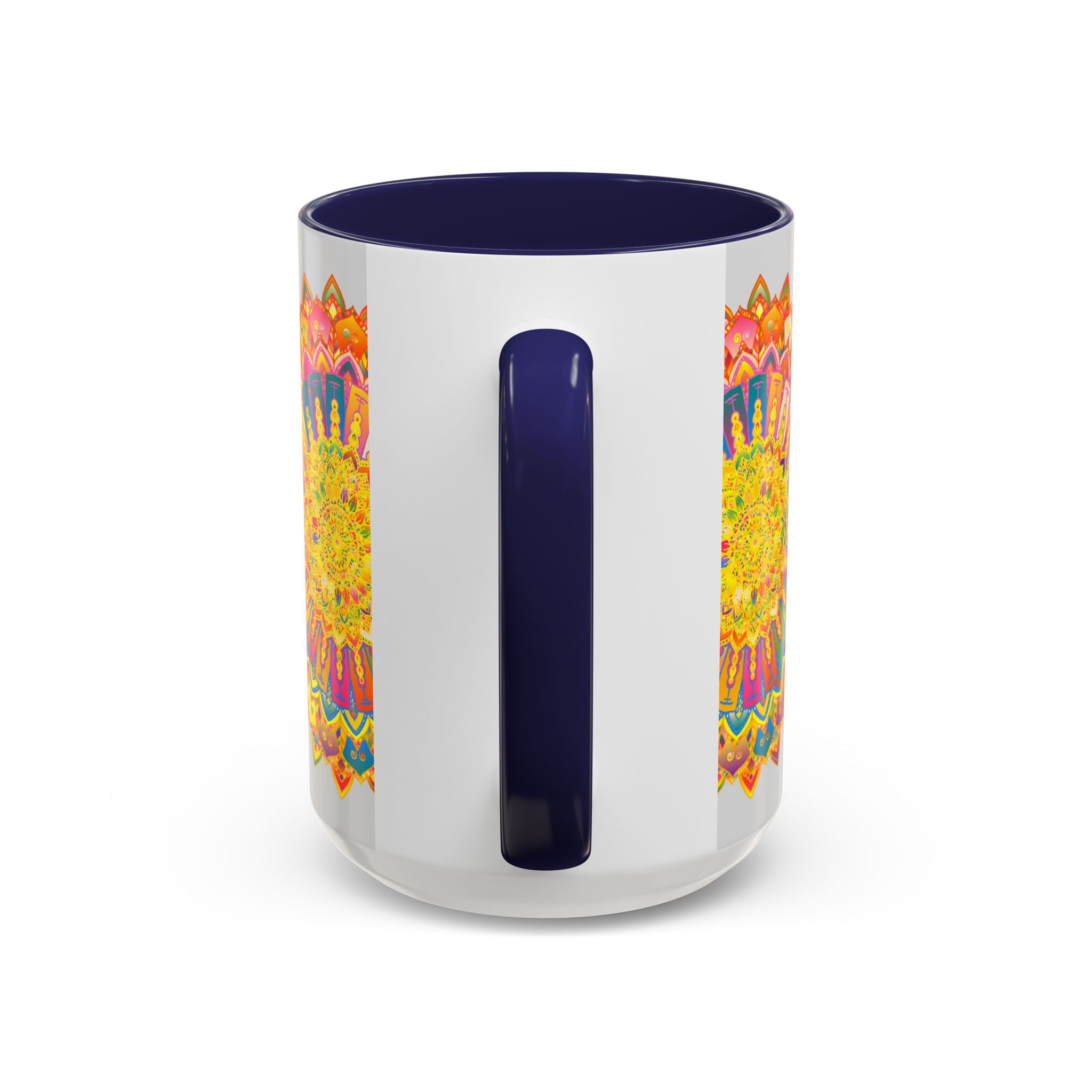 Colorful mandala mug featuring vibrant and intricate art on a grey background