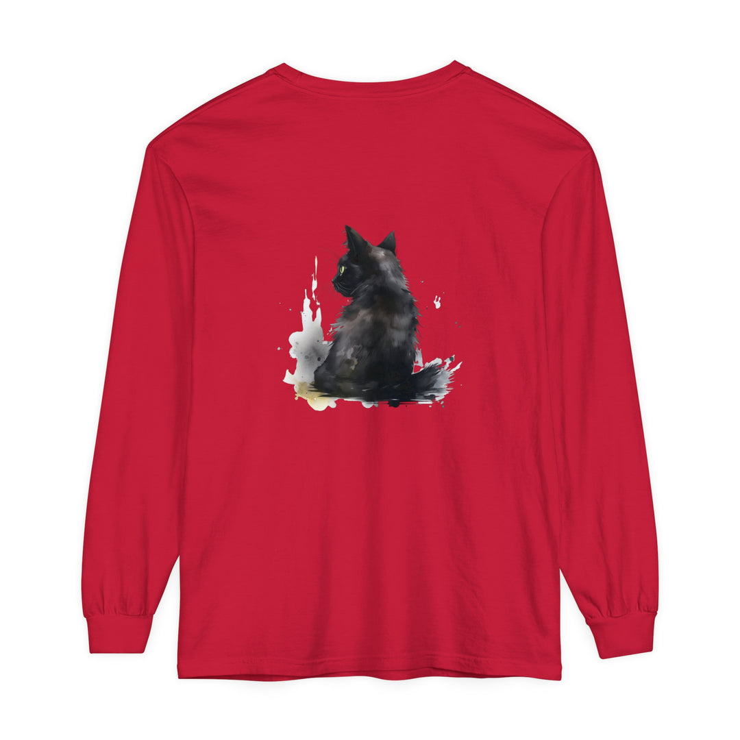 Black Cat Watercolor Dream - Long Sleeve T-Shirt with vibrant and colorful watercolor design featuring a black cat on a comfortable and stylish long sleeve shirt