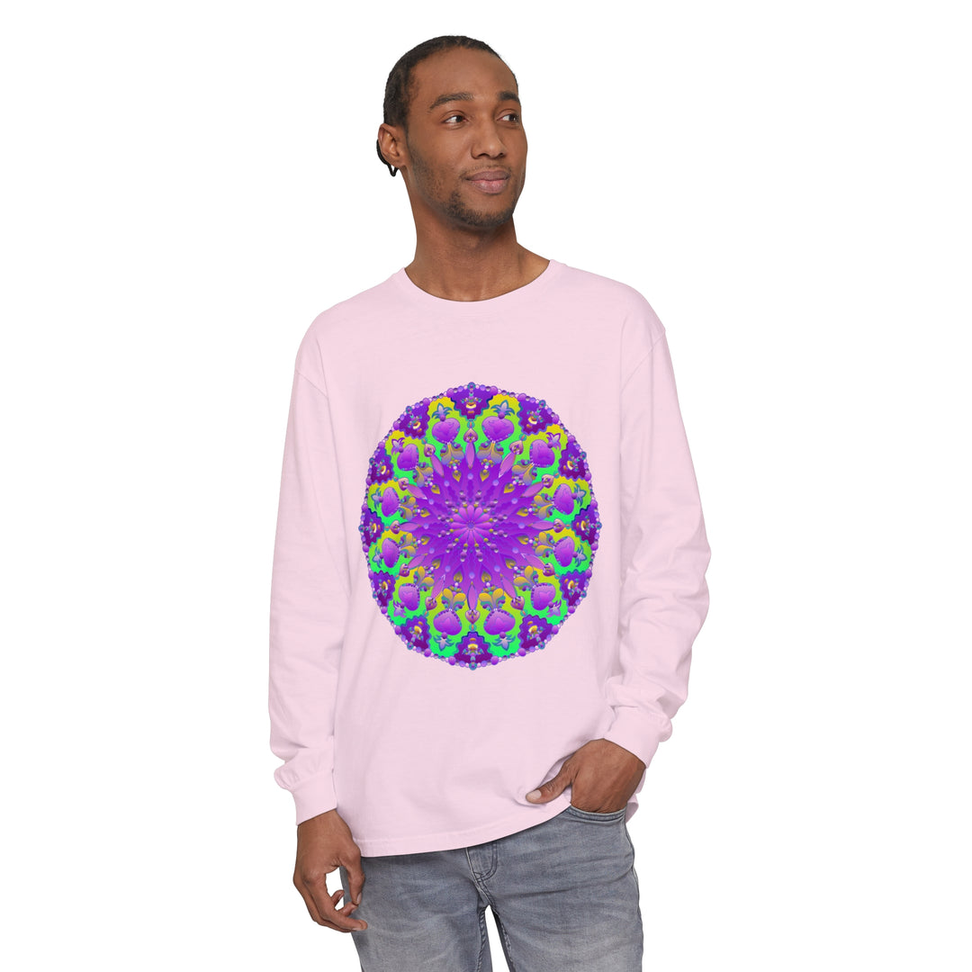 Vibrant purple and green mandala design long sleeve t-shirt for women