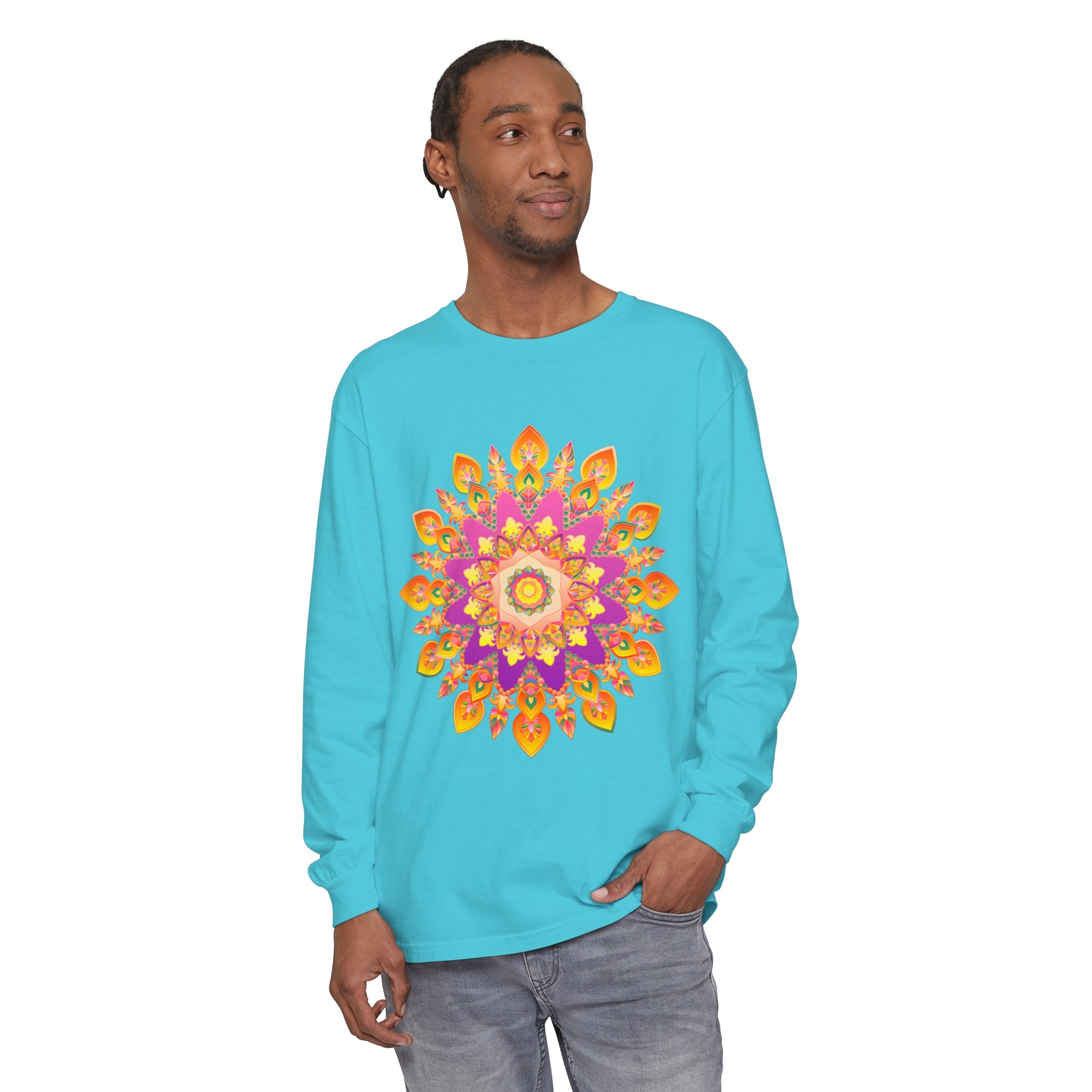 Colorful and intricately designed vibrantly patterned mandala long sleeve t-shirt for men and women