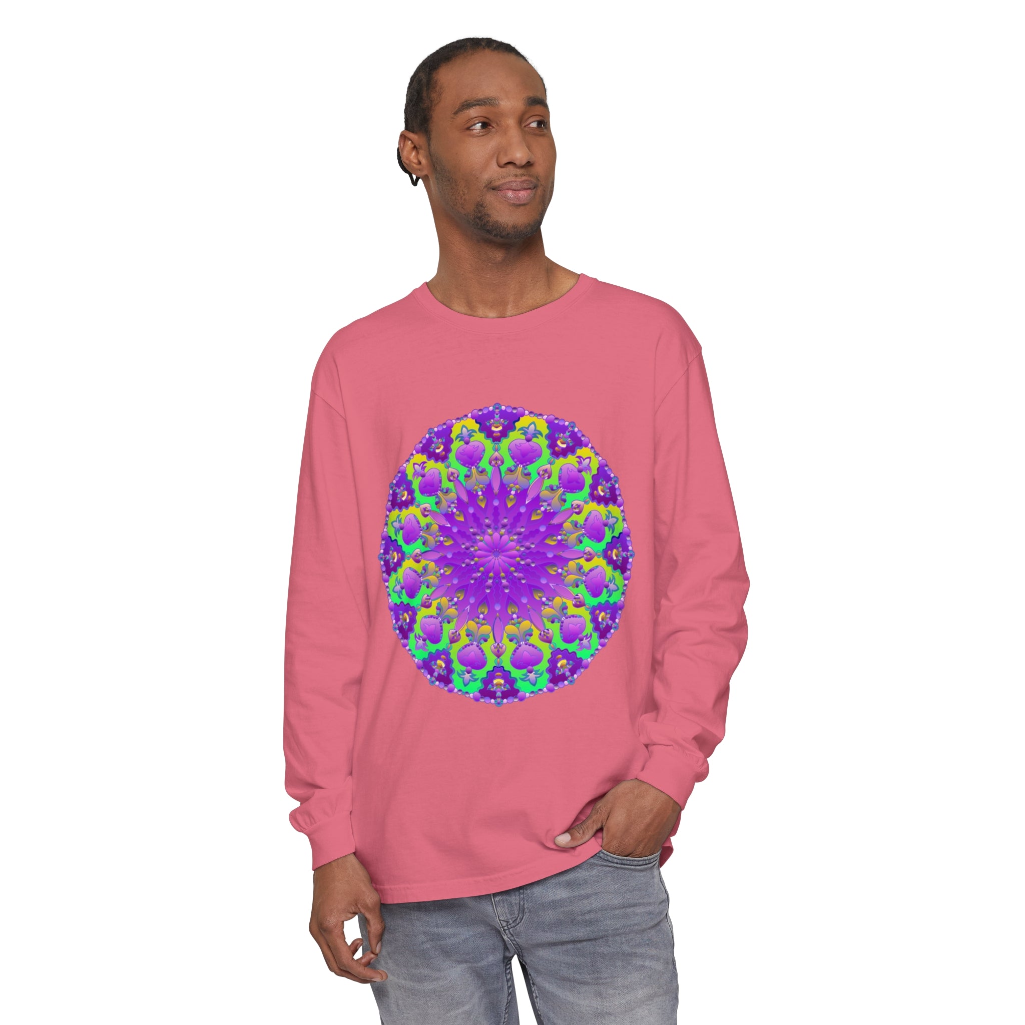 Long sleeve t-shirt with a vibrant purple and green mandala design