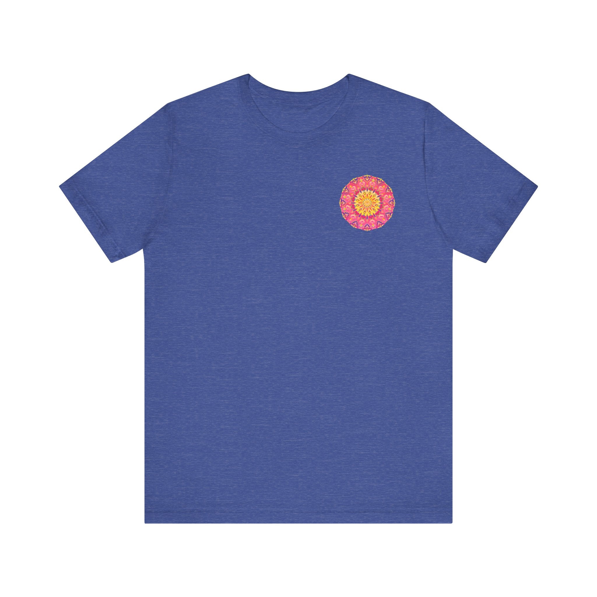 Beautiful pink and yellow mandala t-shirt featuring intricate design promoting peace and harmony, perfect for adding a touch of serenity to your wardrobe