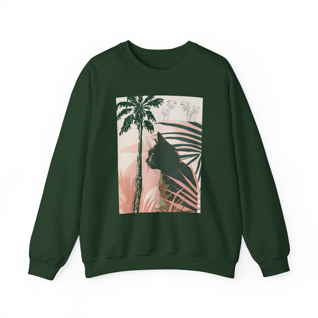 Cozy unisex heavy blend crewneck sweatshirt featuring a cute cat lounging under palm trees design