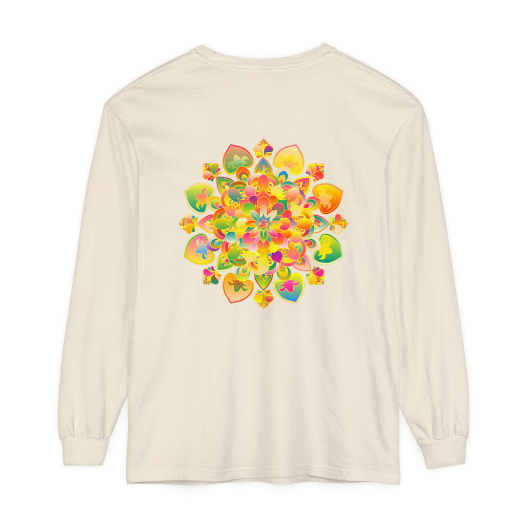 Colorful and intricate psychedelic mandala design on a long sleeve t-shirt