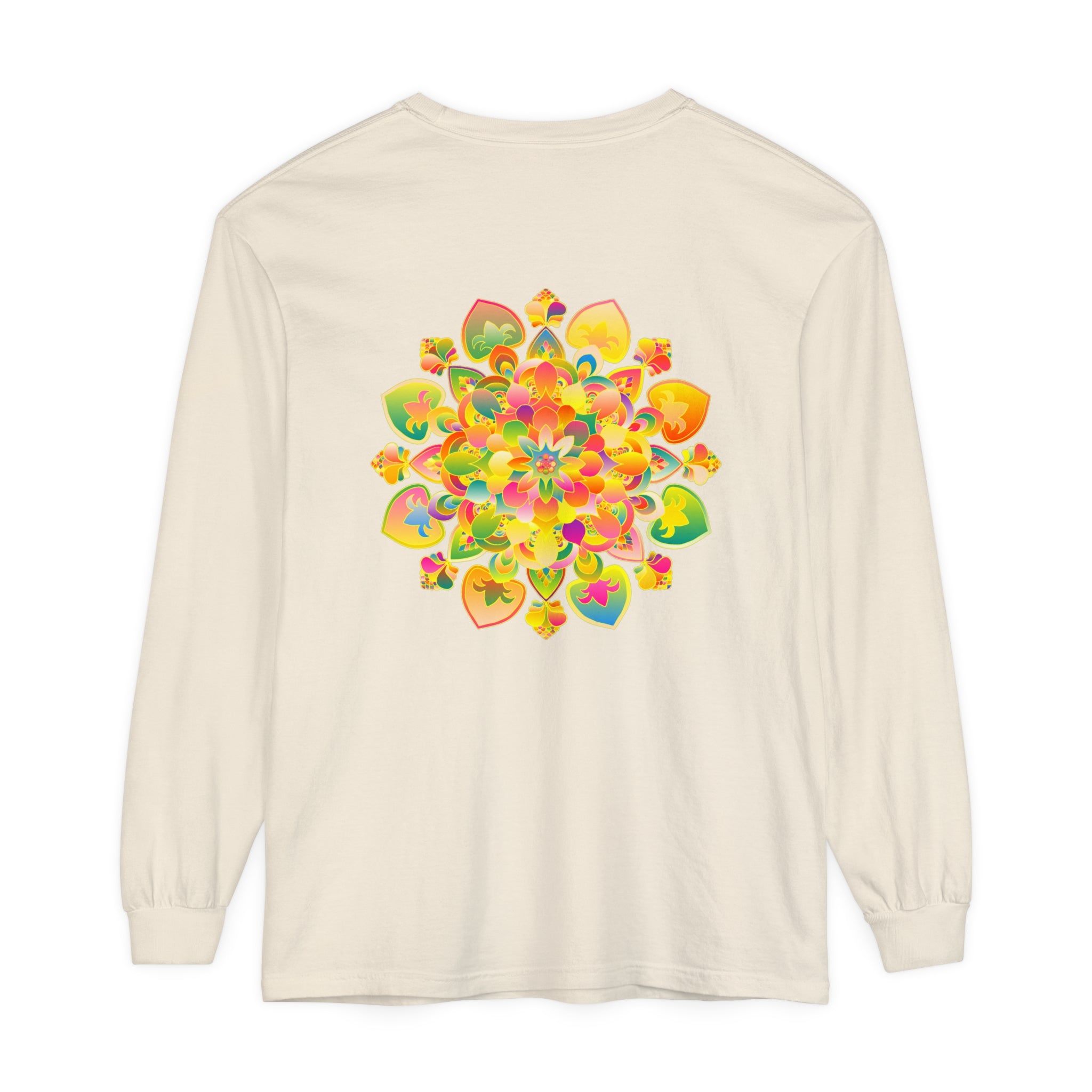 Colorful and intricate psychedelic mandala design on a long sleeve t-shirt