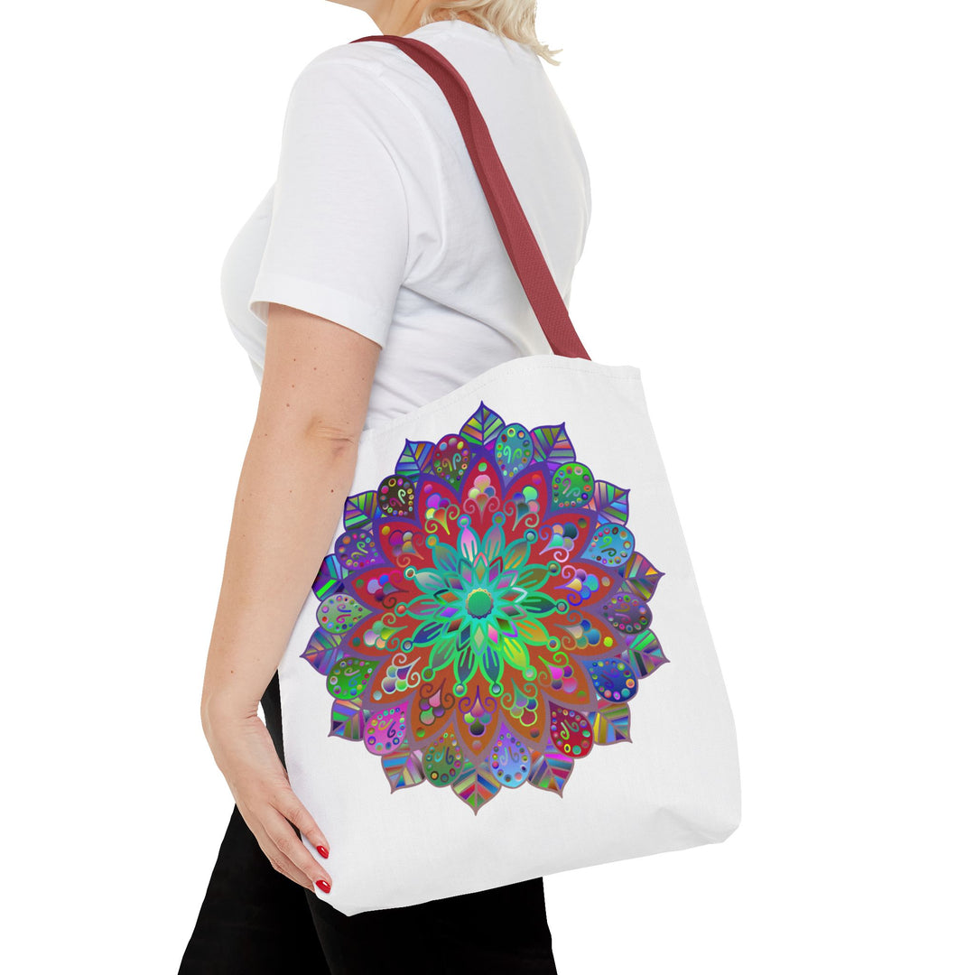 Colorful mandala tote bag featuring a vibrant, all-over print design