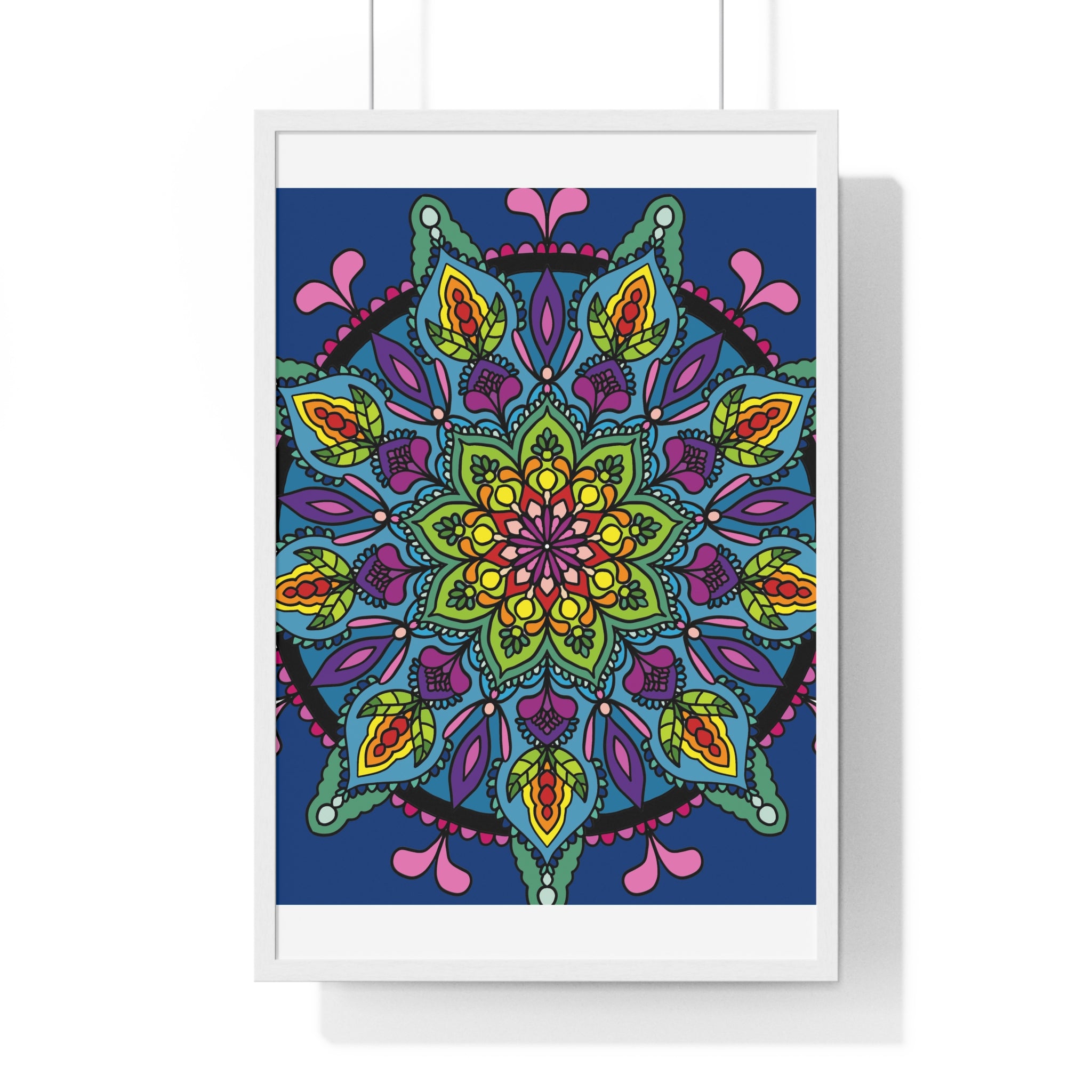 Beautiful hand-drawn blue mandala art, framed as a vertical poster, ideal for promoting mindfulness and yoga practices