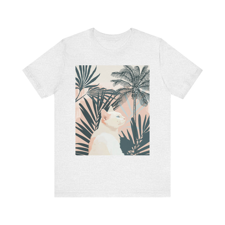 Fashionable cat graphic tee with a trendy palm leaf print