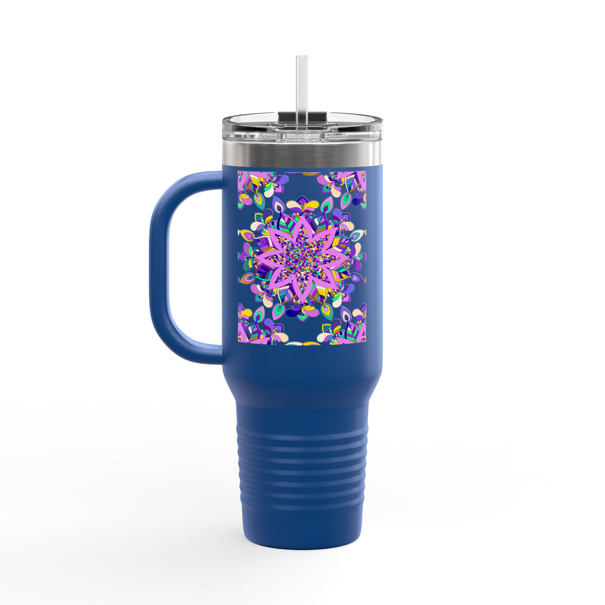 40oz Insulated Travel Mug — Purple Floral Mandala Design