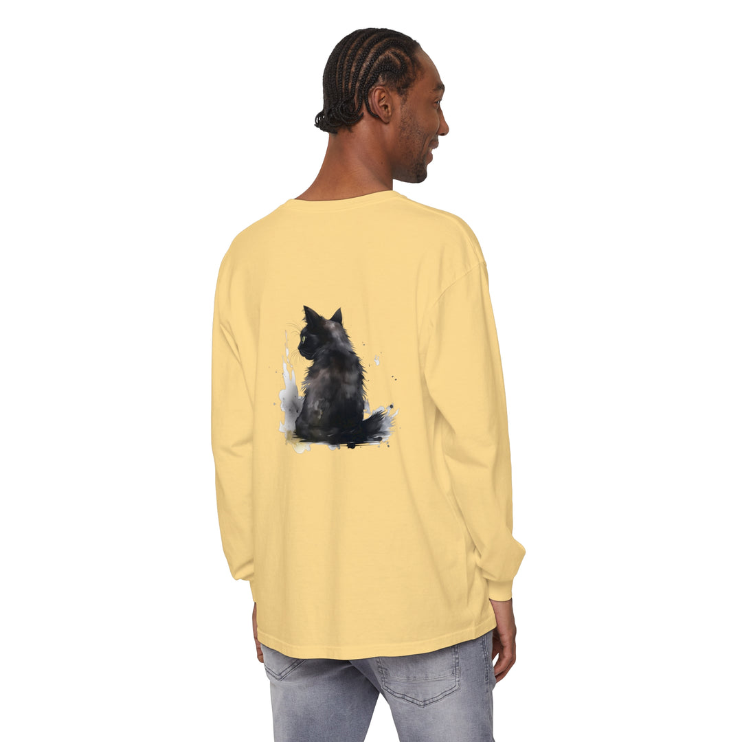 Black Cat Watercolor Dream - Long Sleeve T-Shirt featuring a vibrant watercolor design of a black cat surrounded by dreamy colors