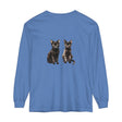 Black Cat Watercolor Art Long Sleeve T-Shirt featuring a playful black cat surrounded by vibrant watercolor designs on a comfortable, long-sleeved shirt