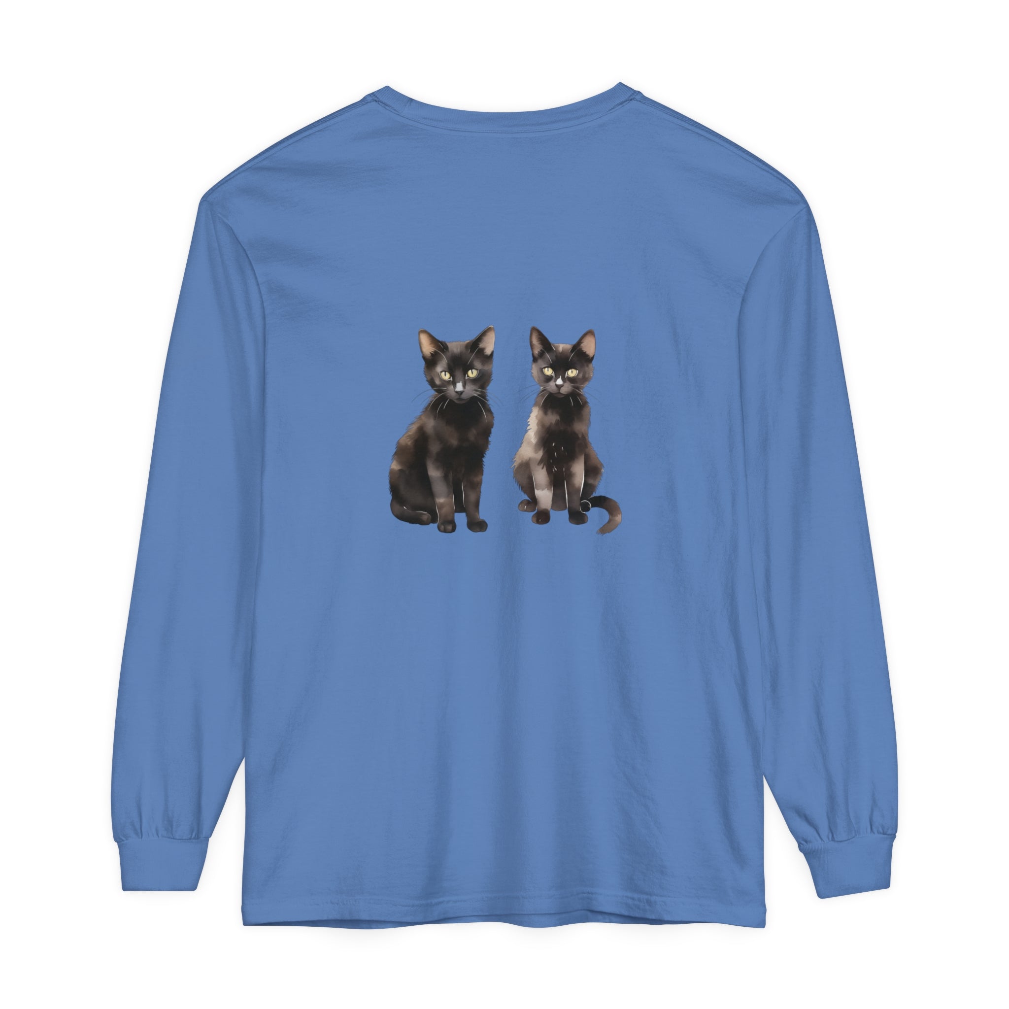 Black Cat Watercolor Art Long Sleeve T-Shirt featuring a playful black cat surrounded by vibrant watercolor designs on a comfortable, long-sleeved shirt