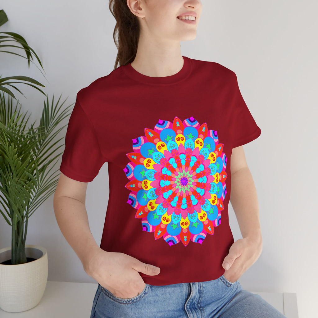 Vibrant and detailed mandala design t-shirt featuring psychedelic art in an array of bold, colorful hues