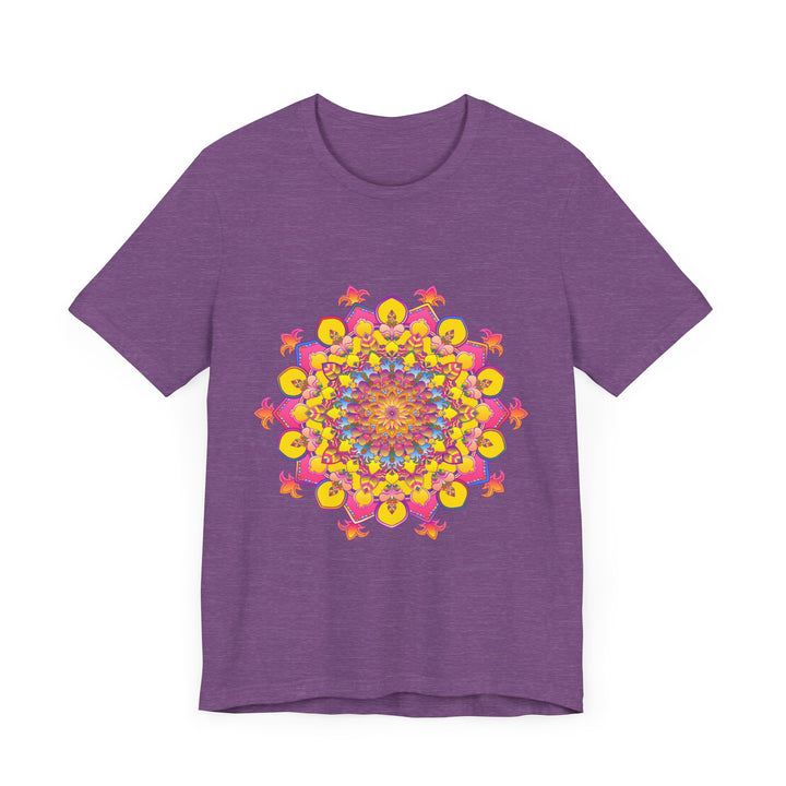 Detailed close-up of the intricate floral mandala tee with vibrant and lively colors