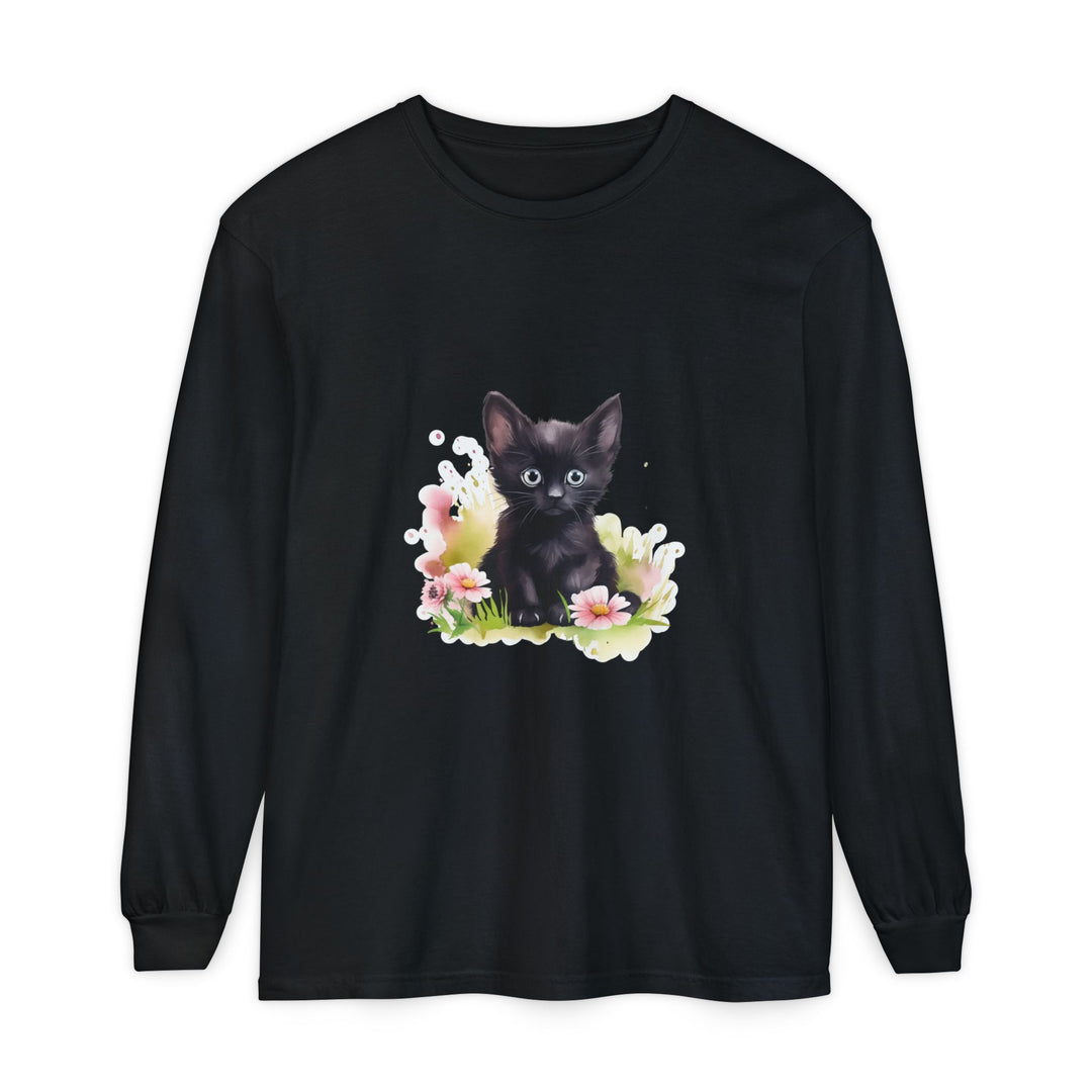 Black Kitten & Pink Flowers Long Sleeve T-Shirt