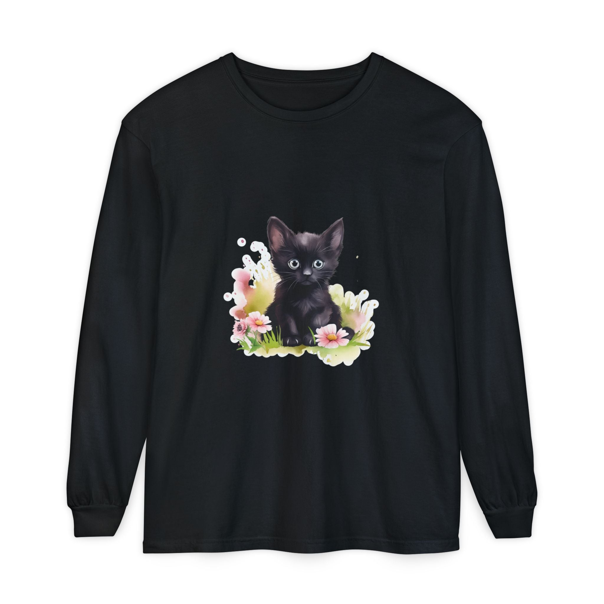 Langarmshirt | Schwarzes Kätzchen & rosa Blumen
