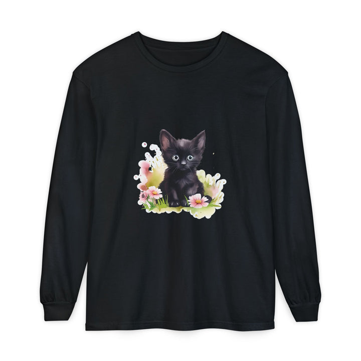 Black Kitten & Pink Flowers Long Sleeve T-Shirt