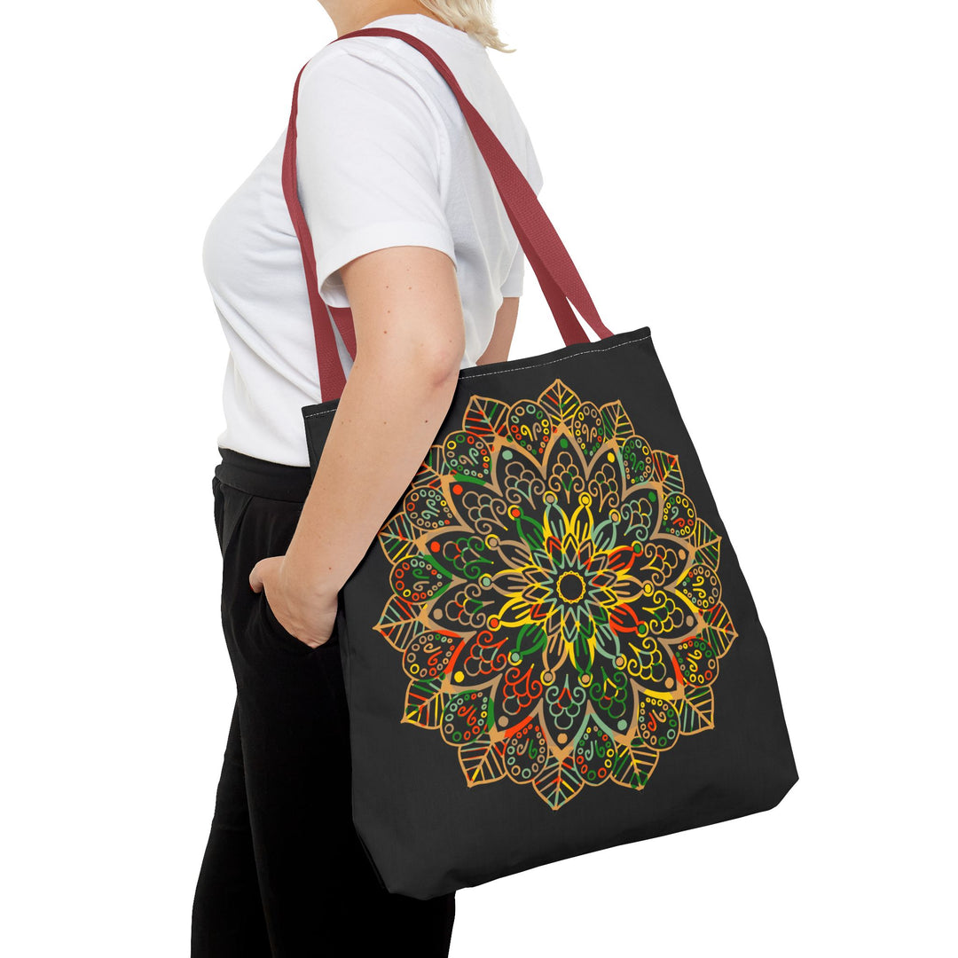 Colorful hand-drawn mandala art tote bag with all-over print design