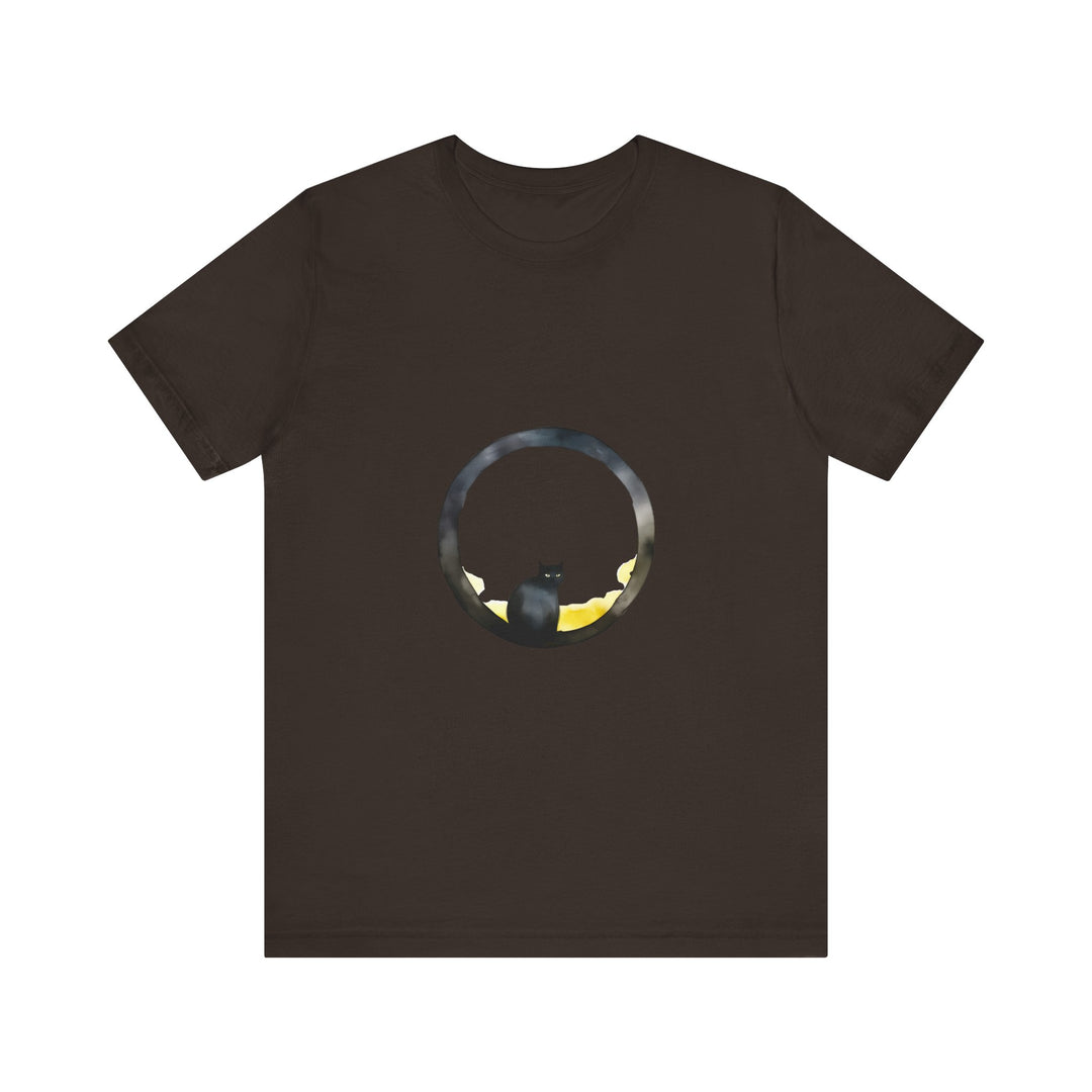 Black Cat Moon Tee - Whimsical Style: A black t-shirt featuring a playful cat sitting on a crescent moon against a starry night sky