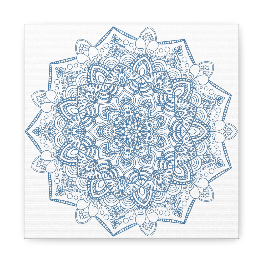 handmade mandala art featuring a steel blue mandala design on matte canvas, stretched and 125 inches thick