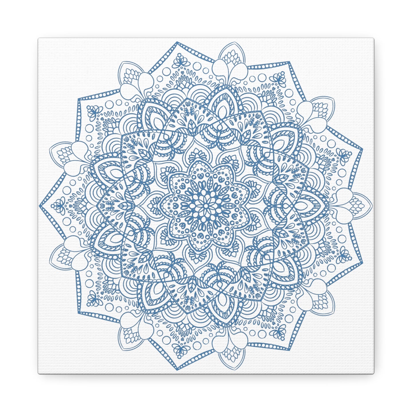 handmade mandala art featuring a steel blue mandala design on matte canvas, stretched and 125 inches thick