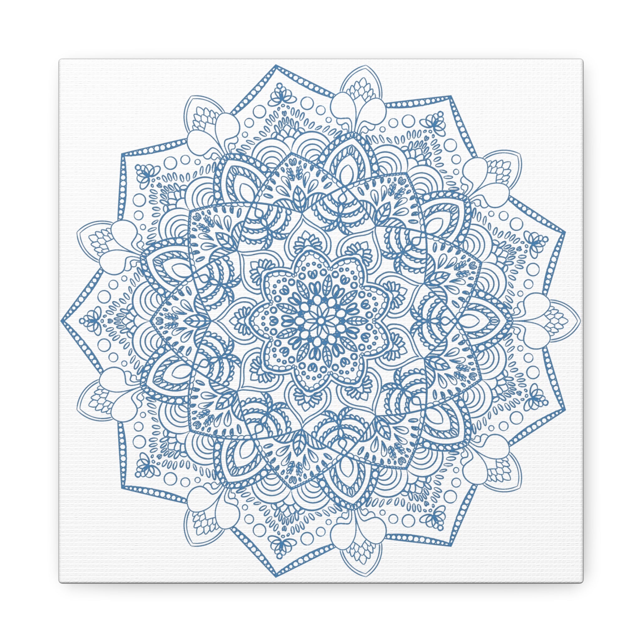 handmade mandala art featuring a steel blue mandala design on matte canvas, stretched and 125 inches thick