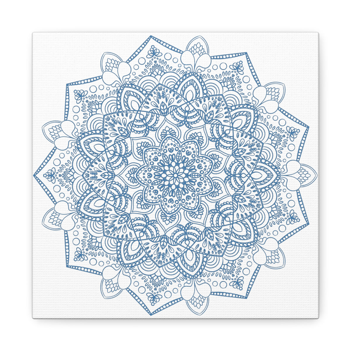 handmade mandala art featuring a steel blue mandala design on matte canvas, stretched and 125 inches thick