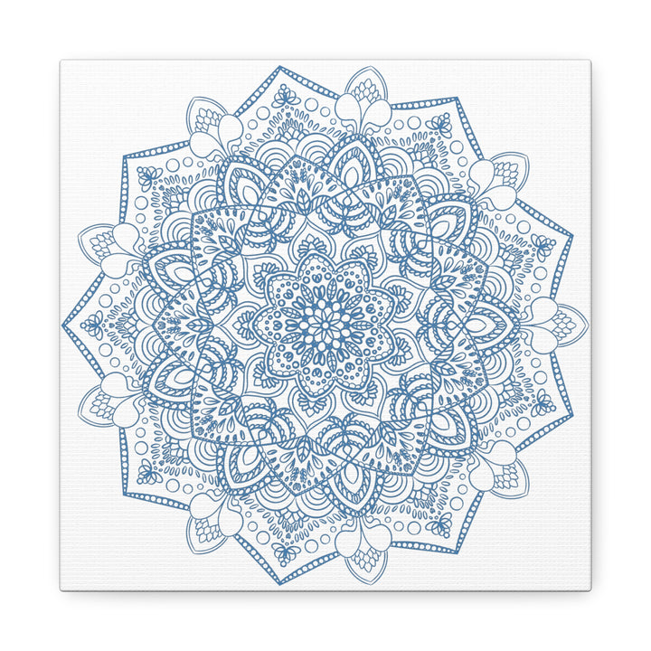 handmade mandala art featuring a steel blue mandala design on matte canvas, stretched and 125 inches thick