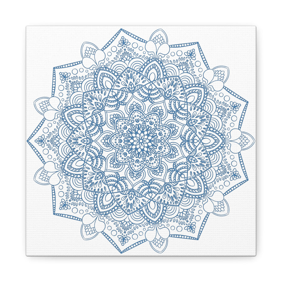 handmade mandala art featuring a steel blue mandala design on matte canvas, stretched and 125 inches thick