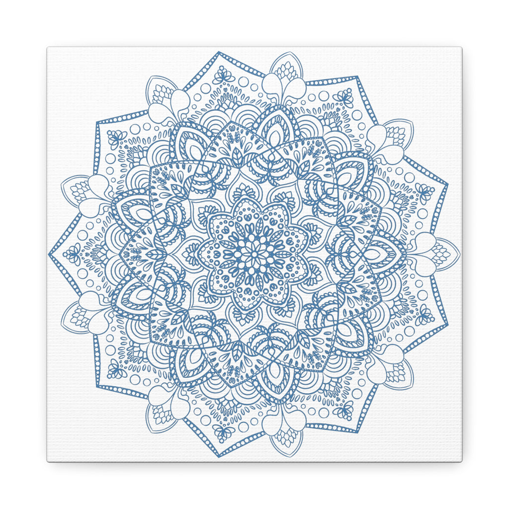 handmade mandala art featuring a steel blue mandala design on matte canvas, stretched and 125 inches thick