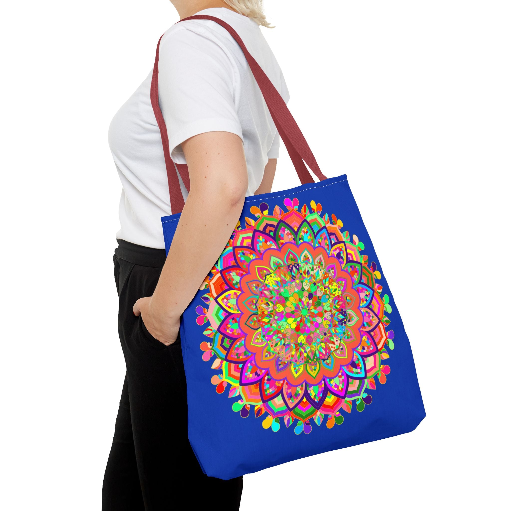 Colorful mandala art tote bag in dark blue with intricate design