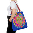 Colorful mandala art tote bag in dark blue with intricate design