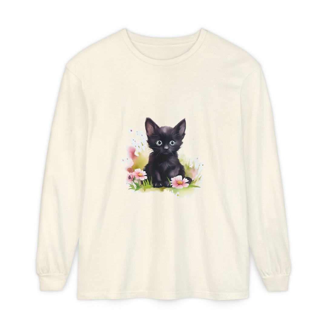 Black Kitten & Pink Flowers Long Sleeve T-Shirt