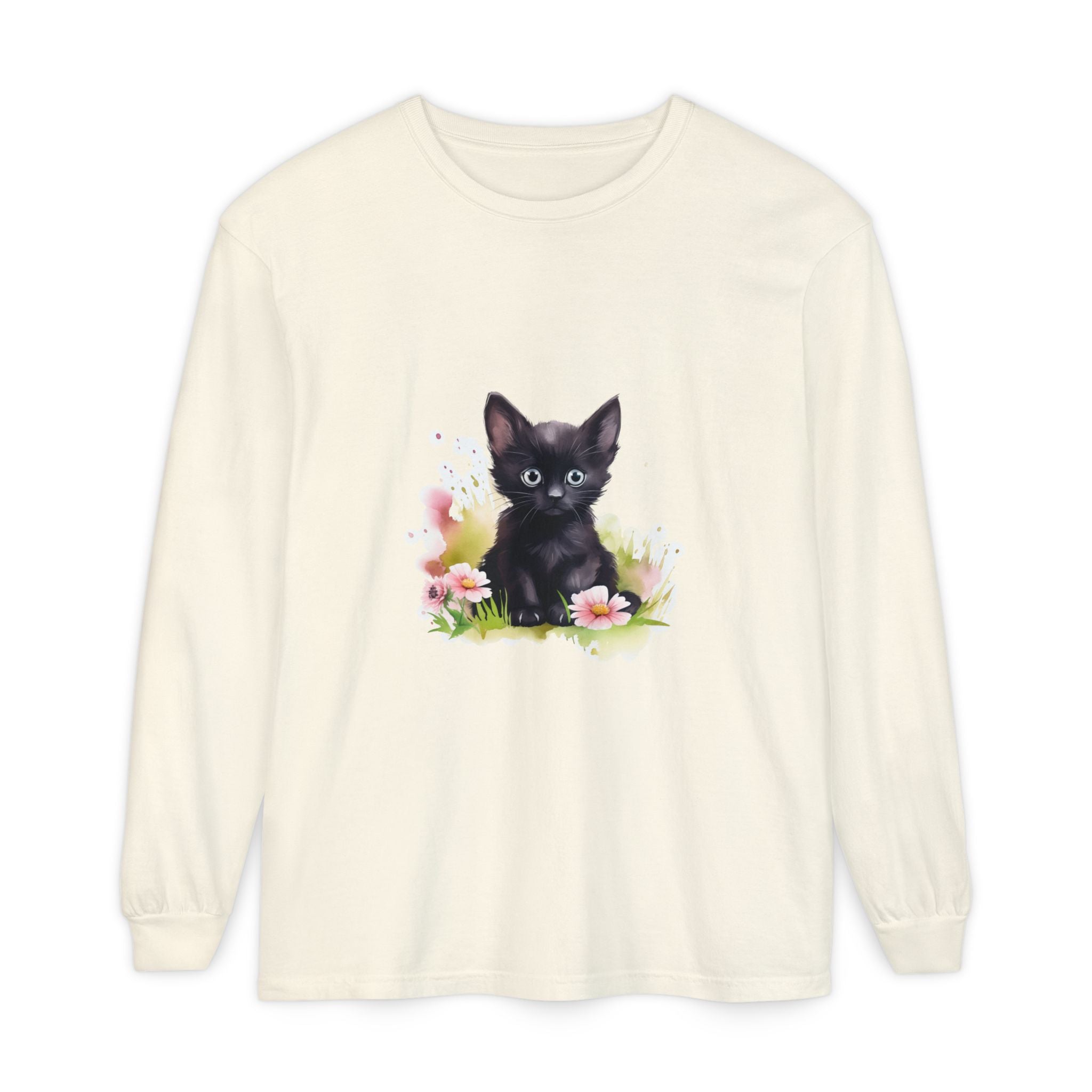 Langarmshirt | Schwarzes Kätzchen & rosa Blumen
