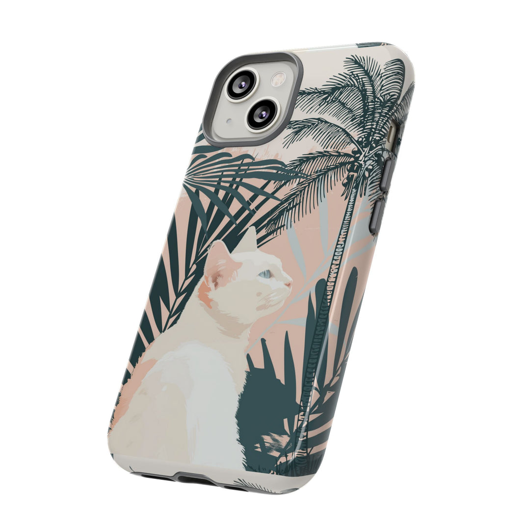 Tropische Katzen-Telefonhülle mit üppigen Palmenmotiven und sanften Pastelltönen