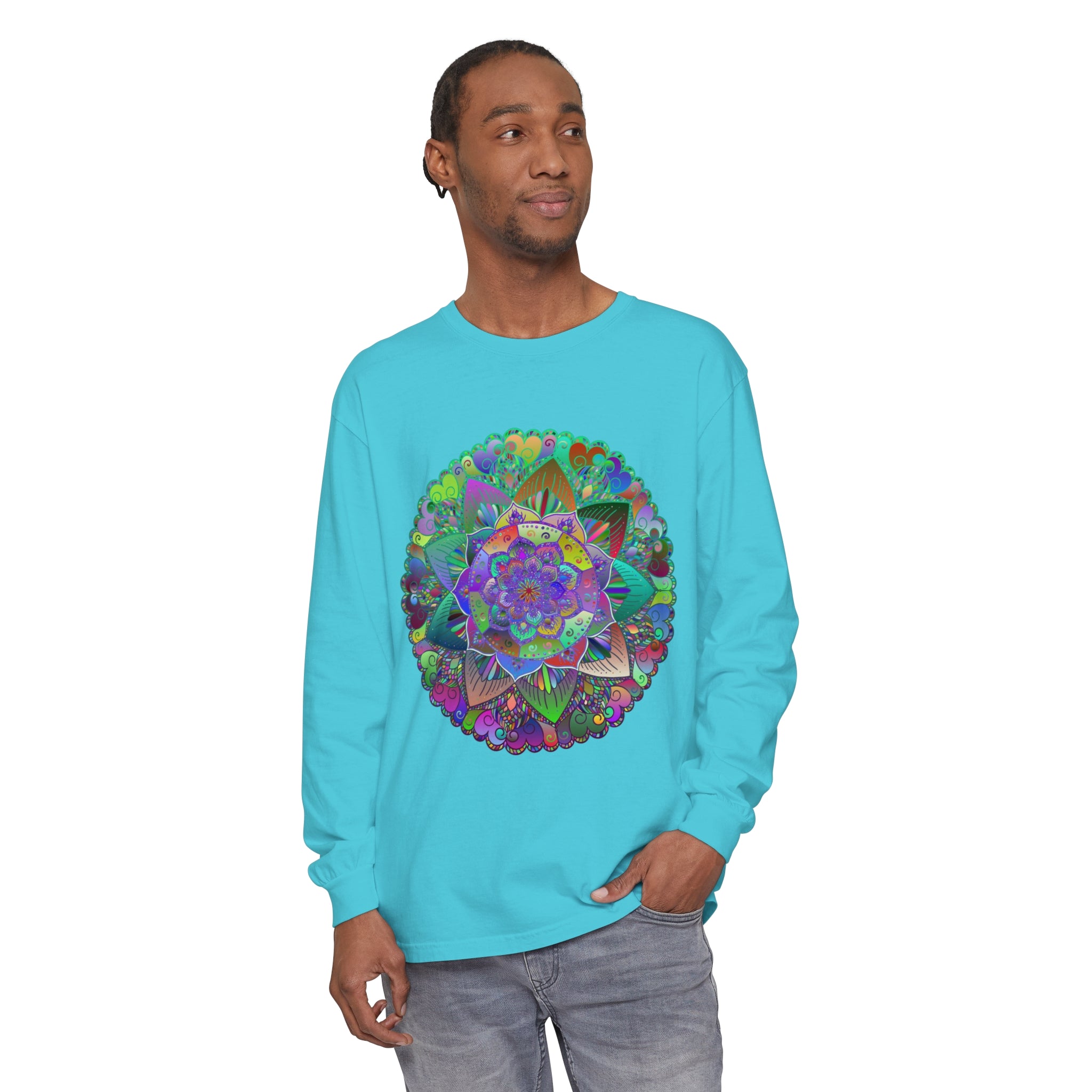 Colorful and detailed mandala design on a unisex long sleeve t-shirt