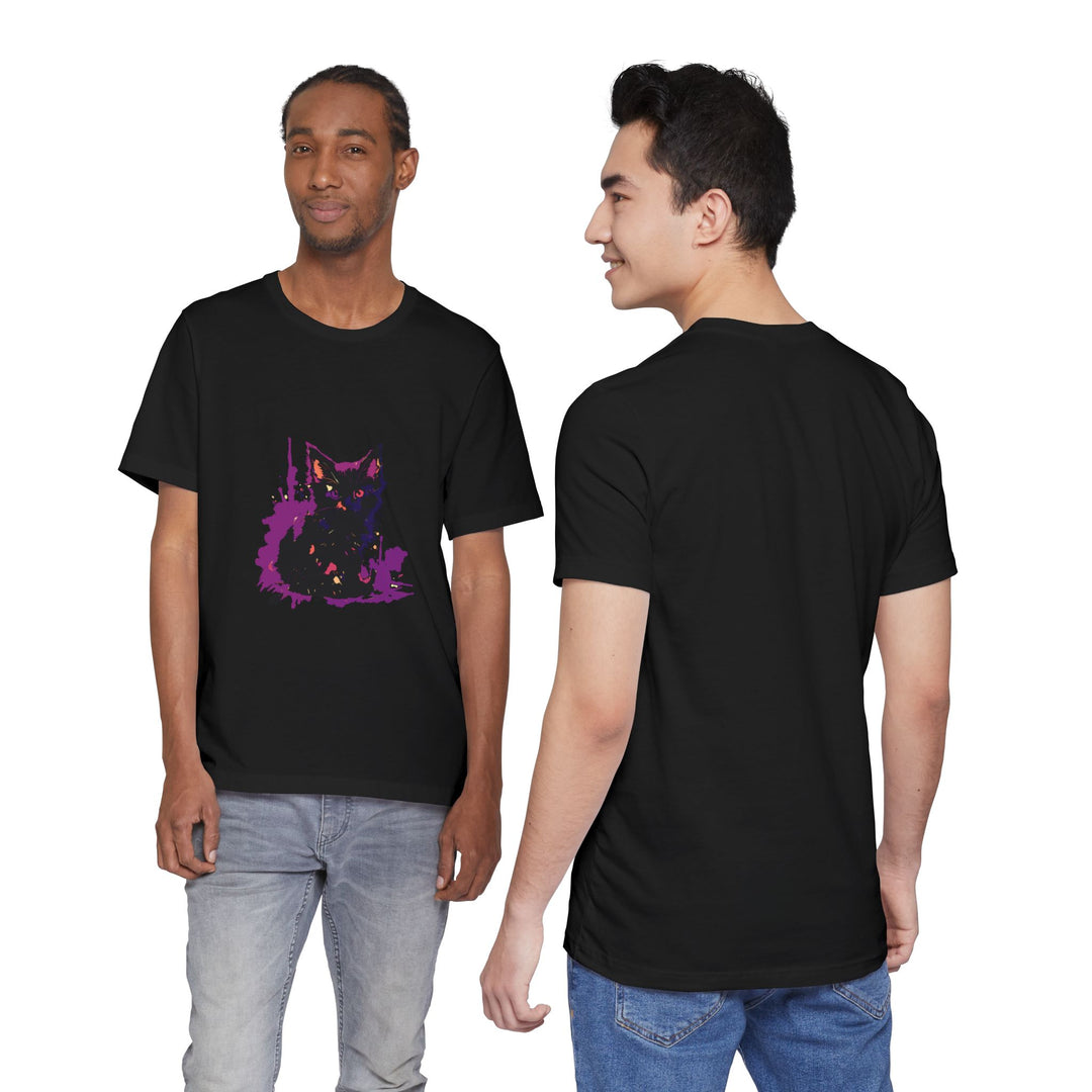 Schwarzes Katzenrätsel – Lila Farbspritzer-T-Shirt