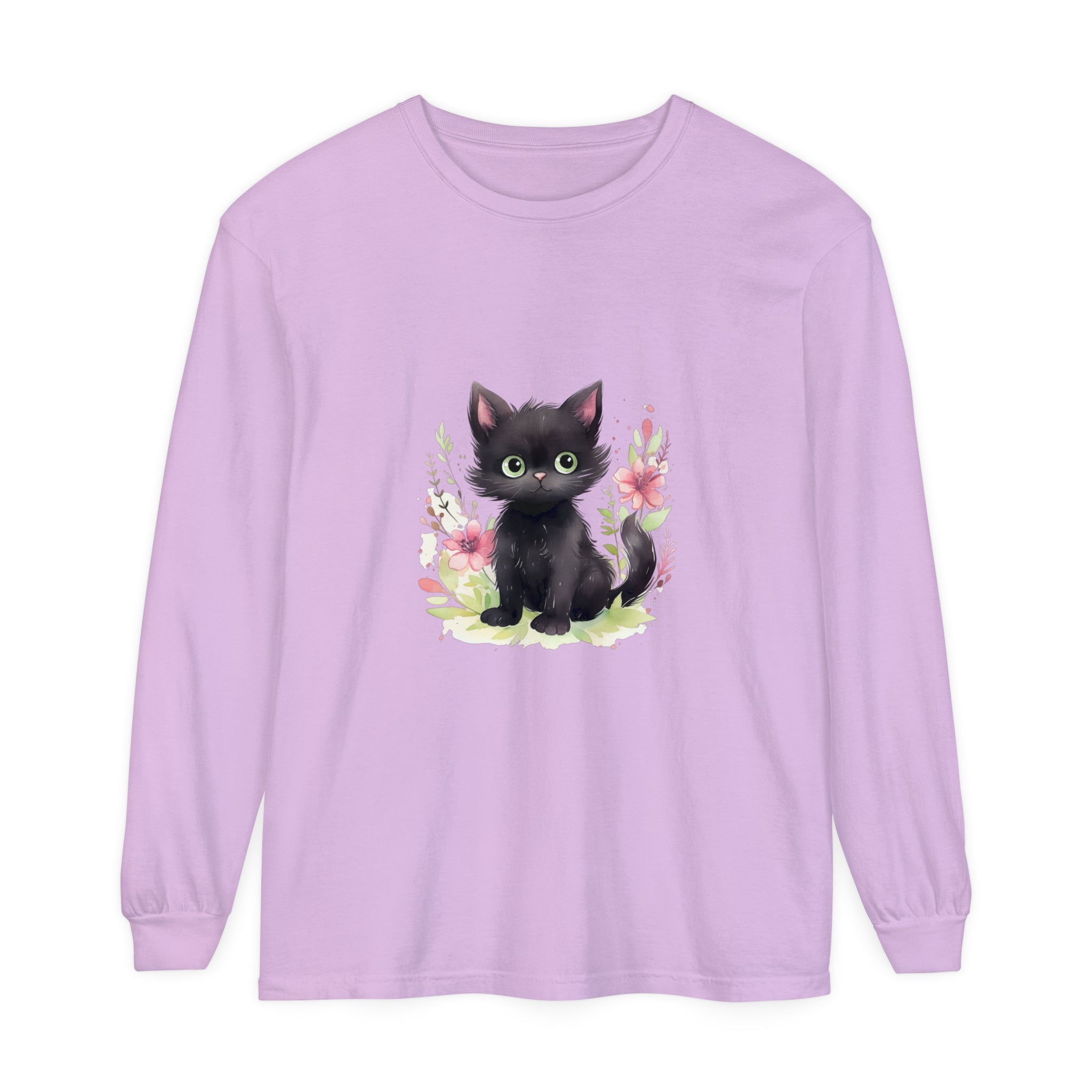 Youthful and fun t-shirt featuring a floral watercolor print and playful kitten