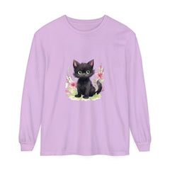 Youthful and fun t-shirt featuring a floral watercolor print and playful kitten