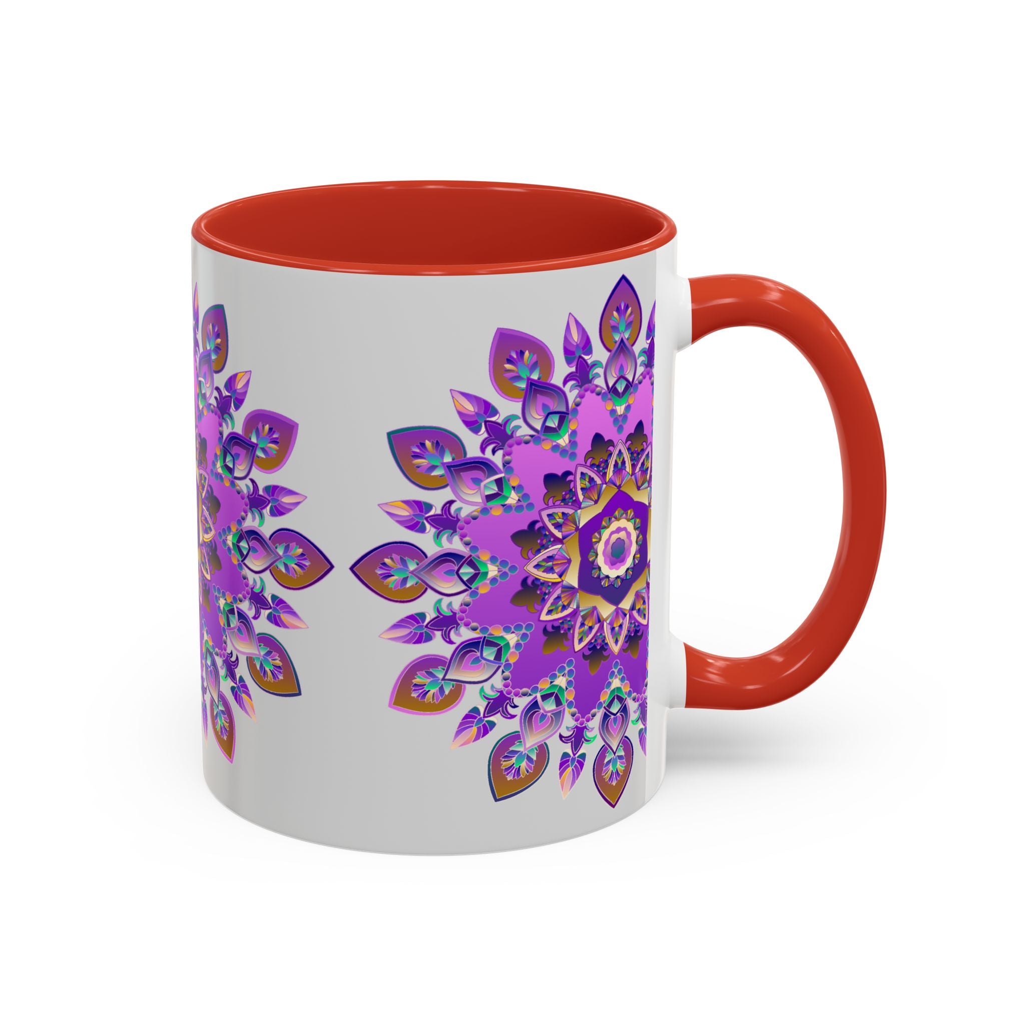 Beautiful purple and gold mandala mug featuring intricate bohemian art design