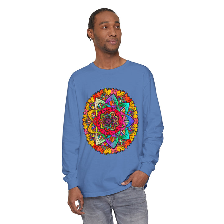 Colorful and intricate mandala design on a unisex long sleeve t-shirt