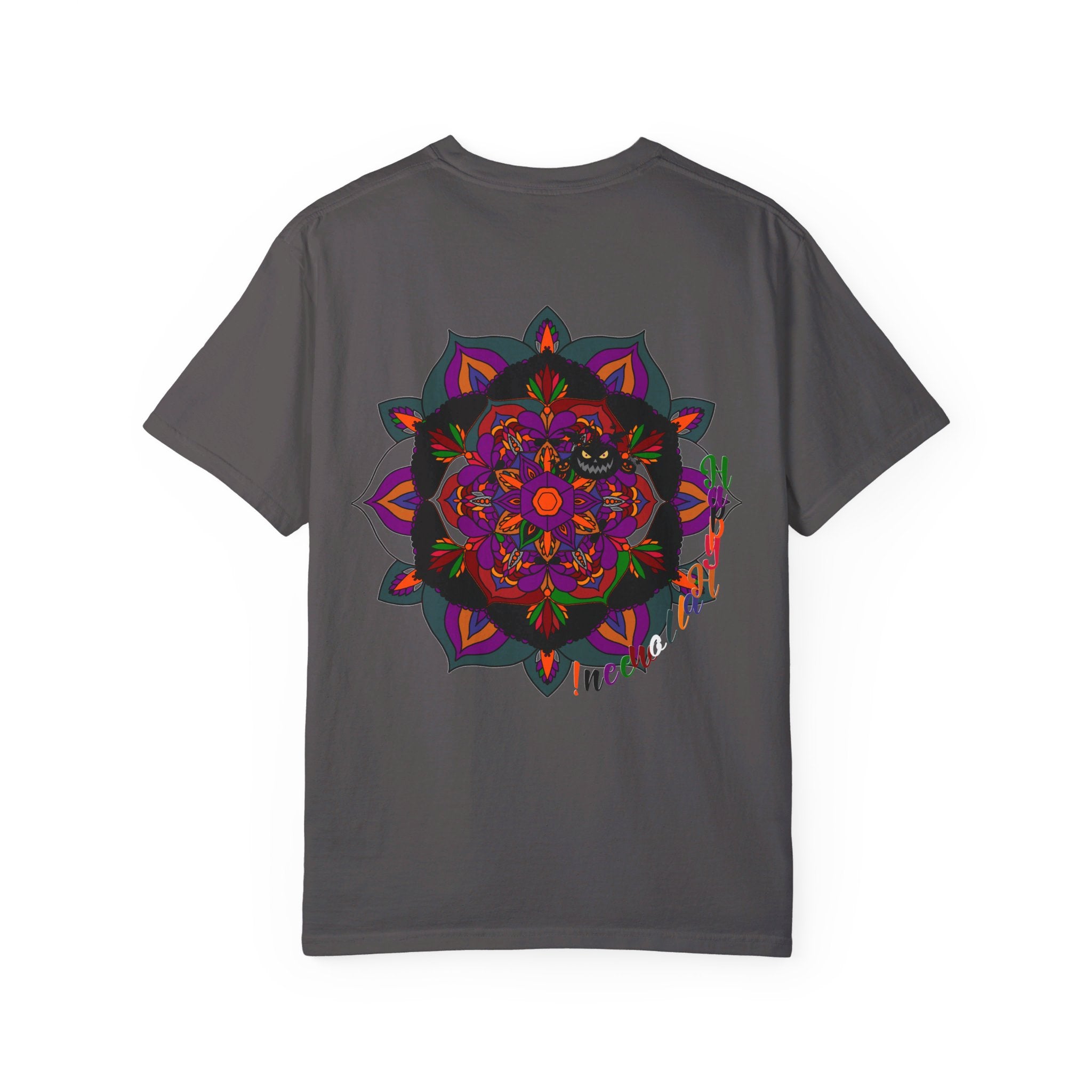 A close-up image of a unisex Halloween Mandala T-shirt, featuring a handmade pumpkin mandala art design, on a garment-dyed tee