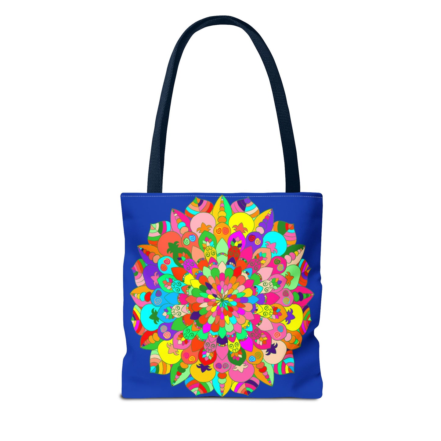 Dark blue tote bag with a colorful mandala art pattern, perfect for carrying all your essentials in style