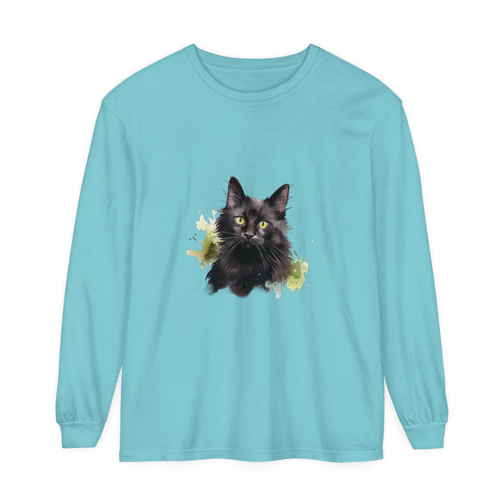 A long sleeve t-shirt featuring a watercolor splash design with a black cat motif